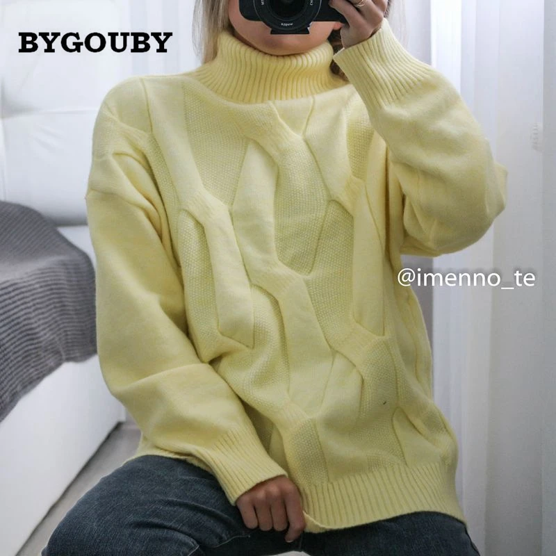 

BYGOUBY Cashmere Women Turtleneck Sweaters Thick Warm Long Sleeve Pullovers Top Oversized Woman Sweaters Cable Twist Pull Femme