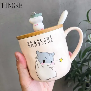 

Fashion Creative Cartoon Hamster with Lid and Spoon Color Glaze Ceramic Cup Cute Small Fresh Coffee Milk Cup Gift Large Mug