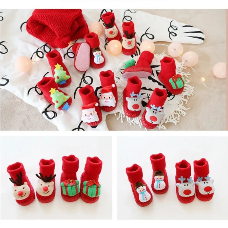 1 пара рождественских тематических детских Хлопковых Носков с рисунками для новорожденных зимние Нескользящие Детские носки унисекс