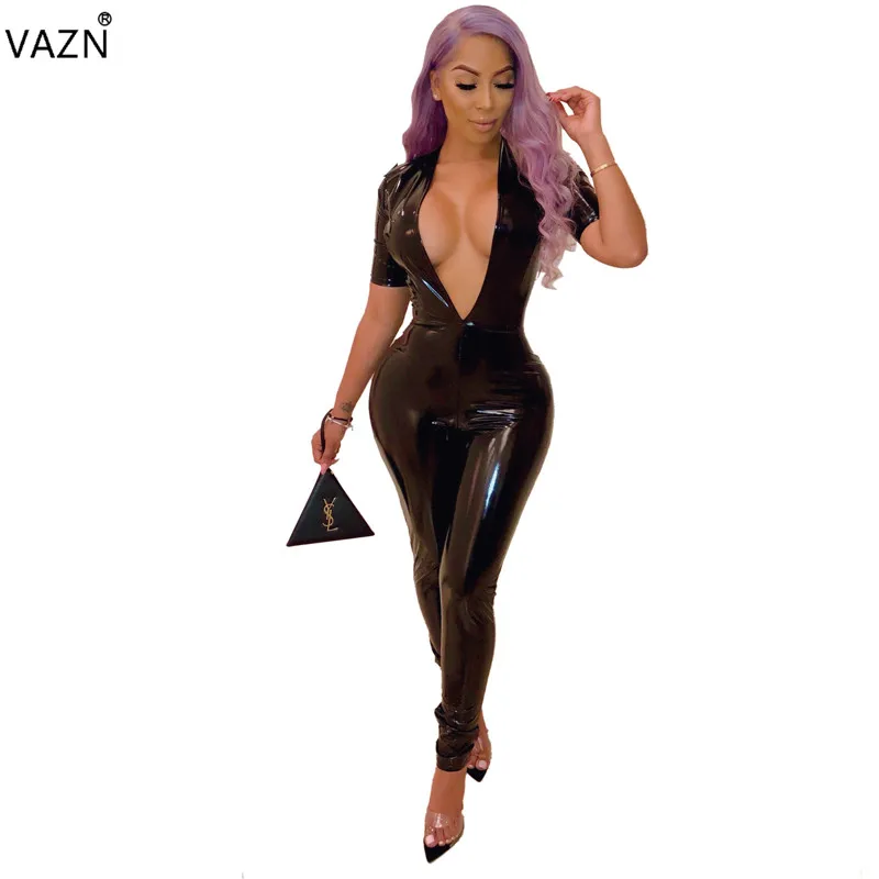 VAZN Autumn Hot Fashion Women Patent Leather Jumpsuits Solid Short Sleeve Jumpsuits Ladies Deep V-Neck long Romper OSM4517