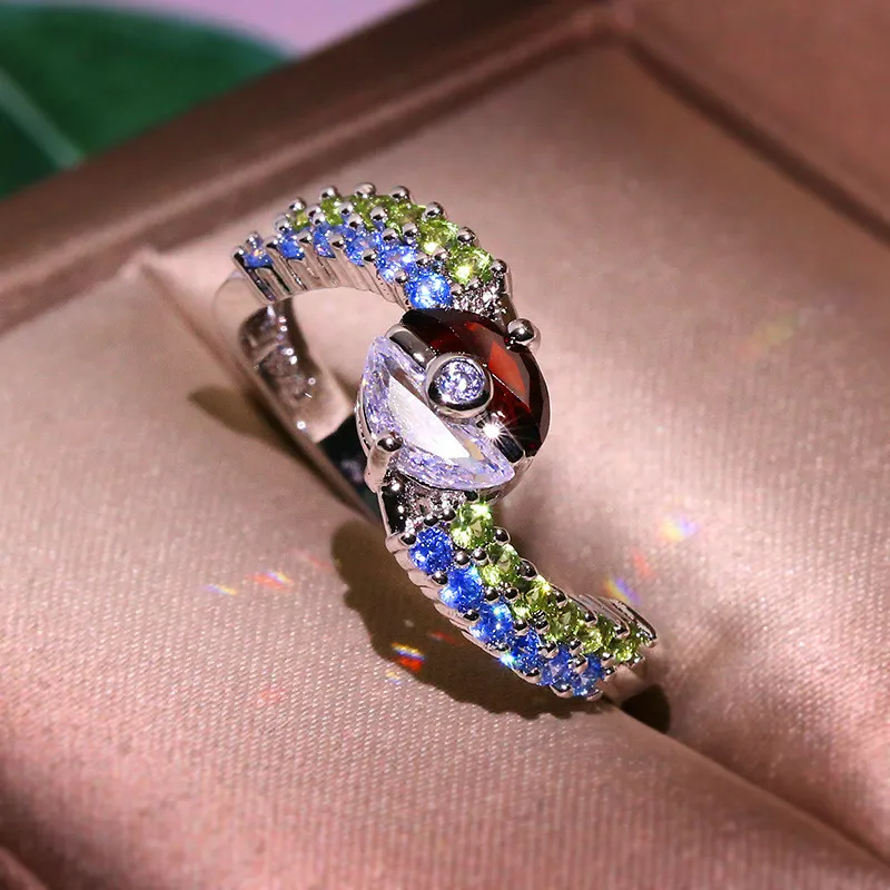 Luxury Female Crystal Red White Ball Ring Vintage Silver Color Wedding Finger Ring Promise Love Engagement Rings For Women