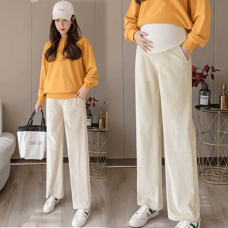 Pregnancy Abdominal Corduroy Pants Boyfriend Trousers Maternity Pants For Pregnant Women Clothes High Waist Trousers Loose Pants