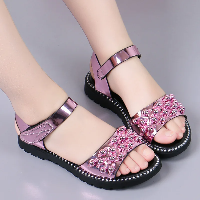 New Fashion Kid Shoes Flat Heel Summer Girls Sandals Big Children Princess Beading Bow Sandals Size 27-36 B658