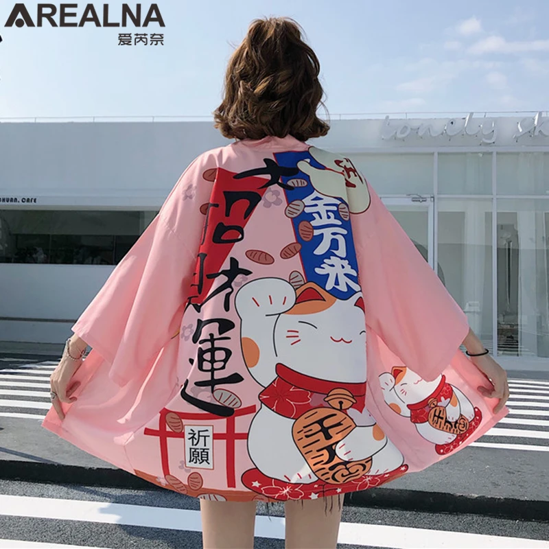 Japanese Kimono Traditional Anime Lucky Cat Women Cardigan with Blet Dress Summer Beach Yukata