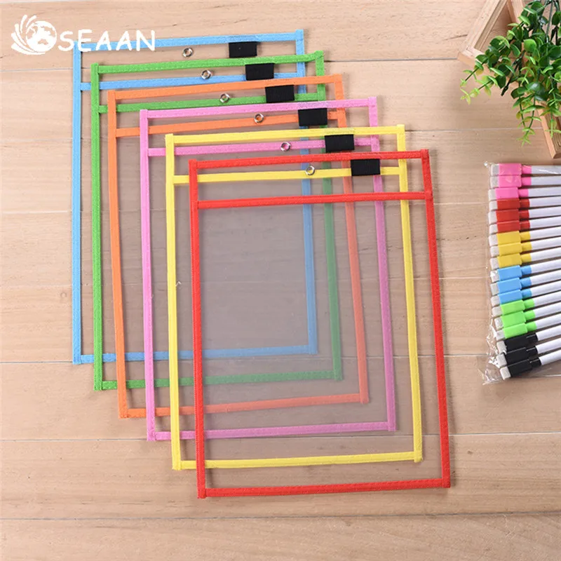 

SEAAN Kids Transparent Write And Wipe Pockets Reusable Pockets Sleeves 6 Assorted Colors With Pen Holder Storage Supplies