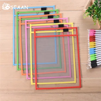 

SEAAN Kids Transparent Write And Wipe Pockets Reusable Pockets Sleeves 6 Assorted Colors With Pen Holder Storage Supplies