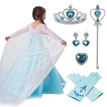 Сказочные платья Эльзы для девочек; платье Снежной Королевы; платье принцессы; волшебная палочка; парик с короной; обувь с кристаллами; Карнавальный костюм для рождественской вечеринки; От 3 до 10 лет
