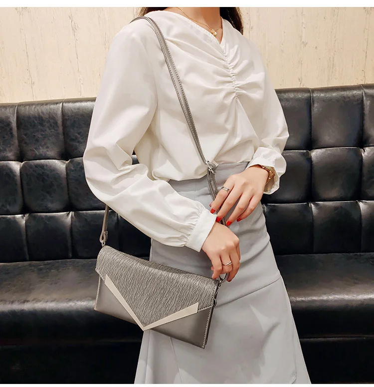 Ladies Luxury PU leather Envelope Clutch Bag Fashion Designer Women Wedding Party Shoulder Bag Simple Black Handbag Purse Silver (13)
