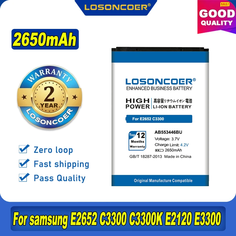 100% Оригинальный аккумулятор LOSONCOER AB553446BU для Samsung E2652 C3300 C3300K E2120 E3300 S5150 M3200 B100 L250 L258