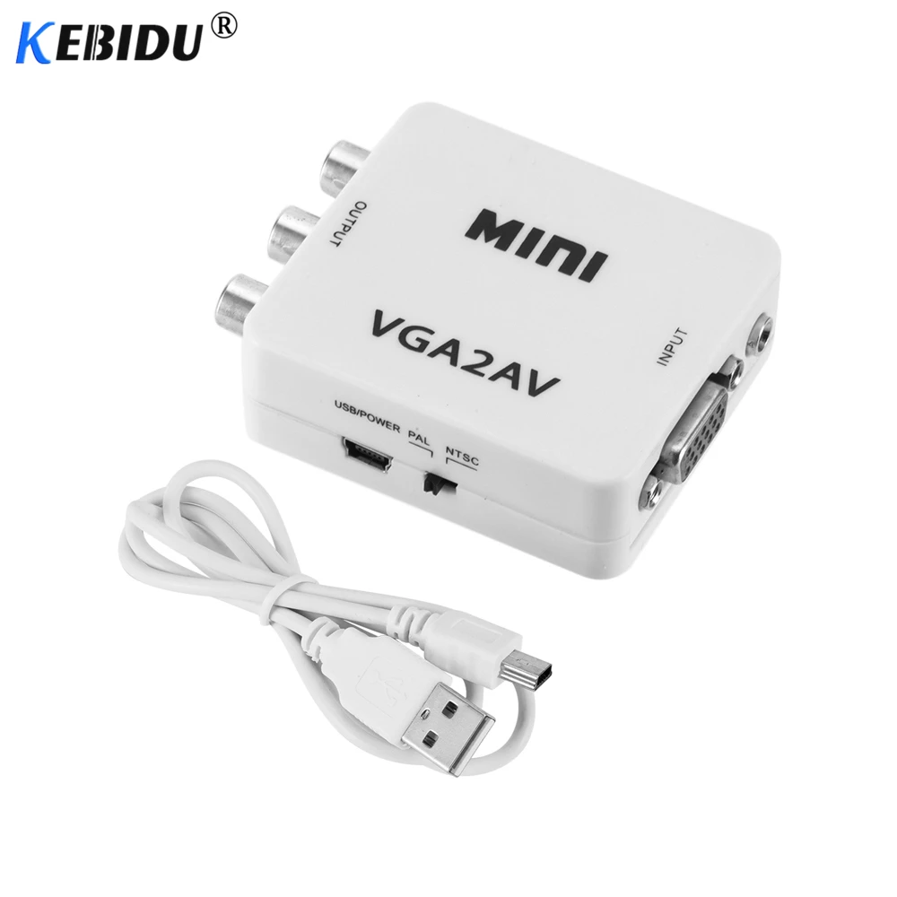Черный KEBIDU мини VGA в AV RCA конвертер+ 3,5 мм аудио VGA2AV/CVBS адаптер для ПК к ТВ HD компьютер к ТВ 1080P VGA в AV конвертер - Цвет: Черный