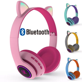

New product launch cat ear wireless bluetooth headset with mic LED lighting gaming headset cute style headset for kids