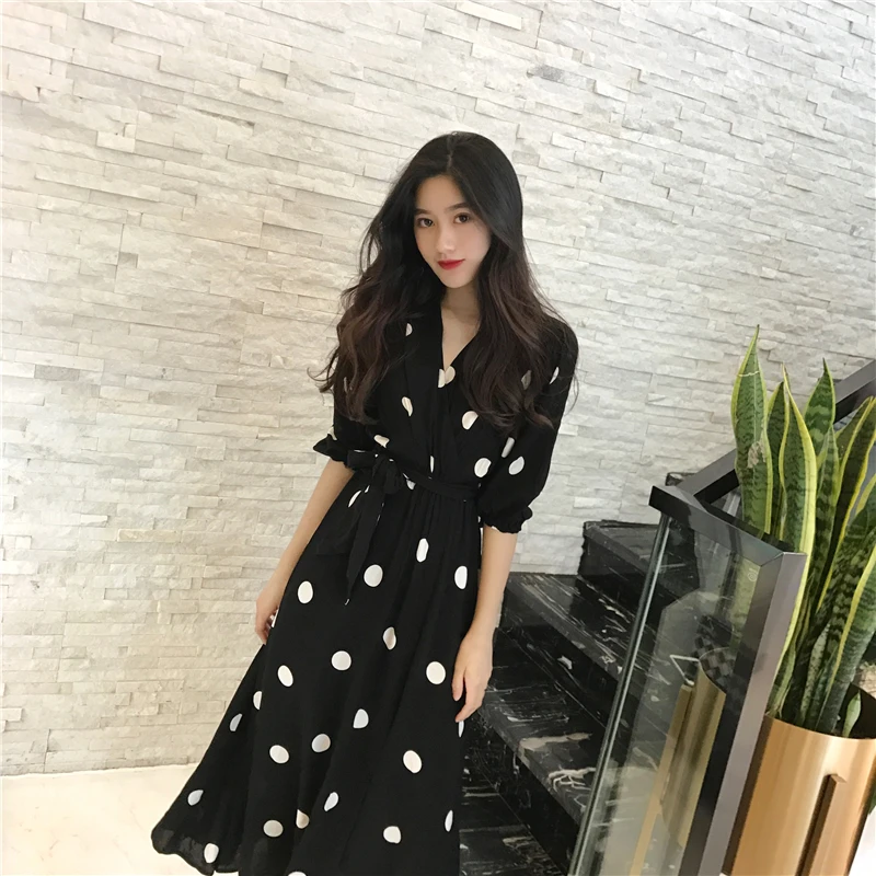 

SuperAen Summer Women's Dress Korean Style Fashion V-neck Ladies Long Dress Casual Half Sleeve Dot Dress Female New 2020