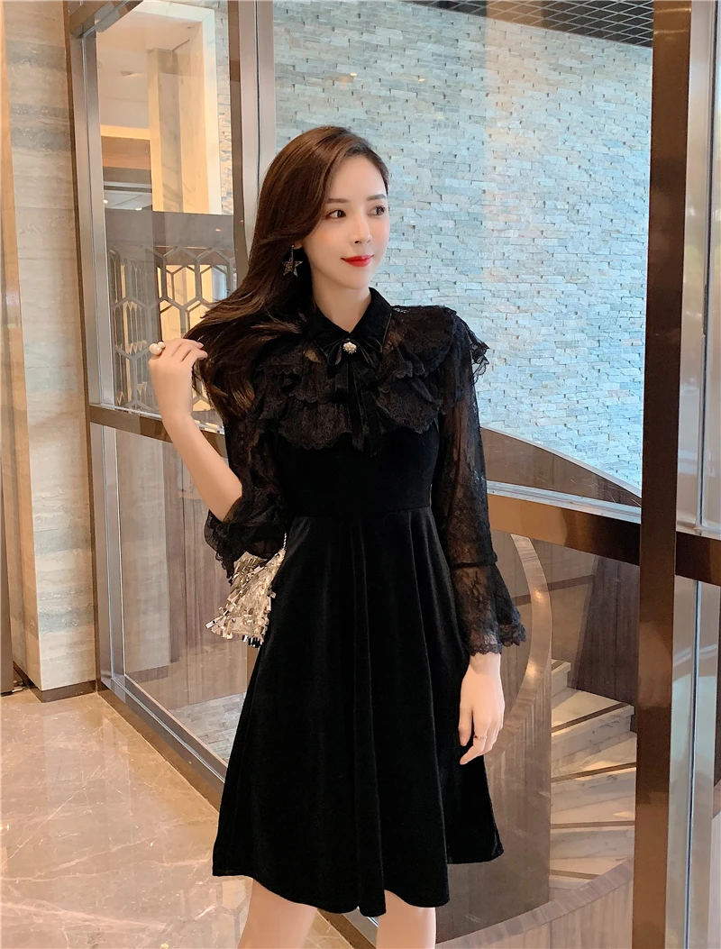 Fashion Runway Designer Sweet Dress Women Flare Sleeve Elegant Sexy Vintage Lace Patchwork Velvet Party Dresses Vestidos