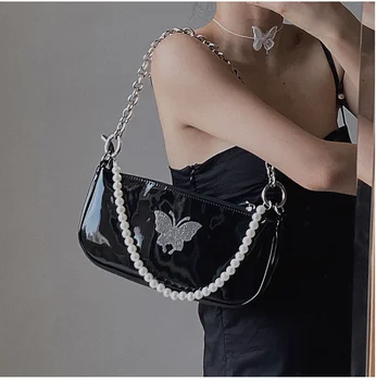 

Fashion women's bag pearl patent small zipper girl messenger shoulder bag chain baguette female vintage cute bag niluo98