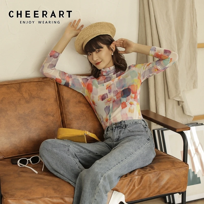 Женская футболка с длинными рукавами CHEERART дизайнерский сетчатый топ черепаховым