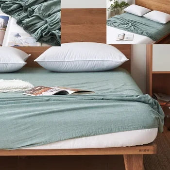 

Washed Cotton Elastic Fitted Sheet Japan-style Simply Bed Linen Soft Health Mattress Cover King Full Queen Kids Adult Adjustable
