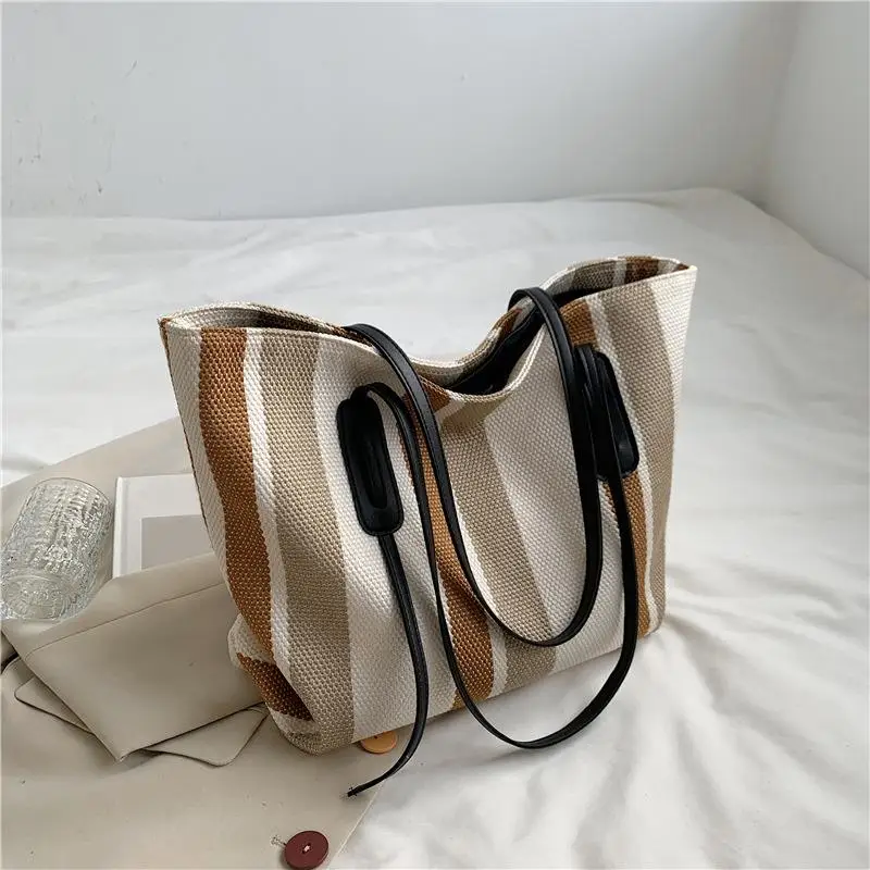 

Полосатая модная вместительная Холщовая Сумка через плечо для девушек, Женская Повседневная Сумка-тоут