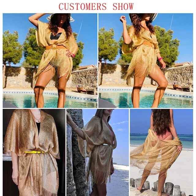 Tassel gold bikini cover up Sexy beach dress tunics for women beachwear 2021 Summer See through swimsuit cover-ups kaftan new 2