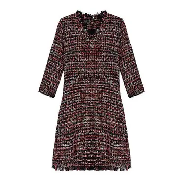 

New Colorblock Women Woolen Dress Fashion V-Neck A-Line Winter Dresses A1128