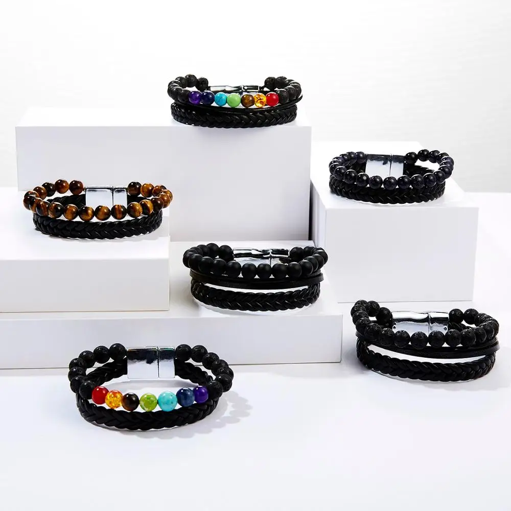 

Multi-Layers Men Handmade 7 Chakra Natural Stone Magnet Buckle Leather Bangle Bracelet Weaved Leather Rope Chain Bangle Jewelry