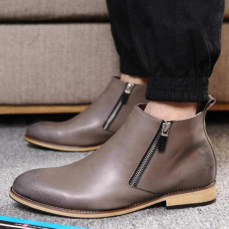 

2019 MEN'S SHOES Warm Leather Boot Men's England Hair Stylist Pointed-Toe Hight-top Leather Shoes Casual Short Boots Side Zipper
