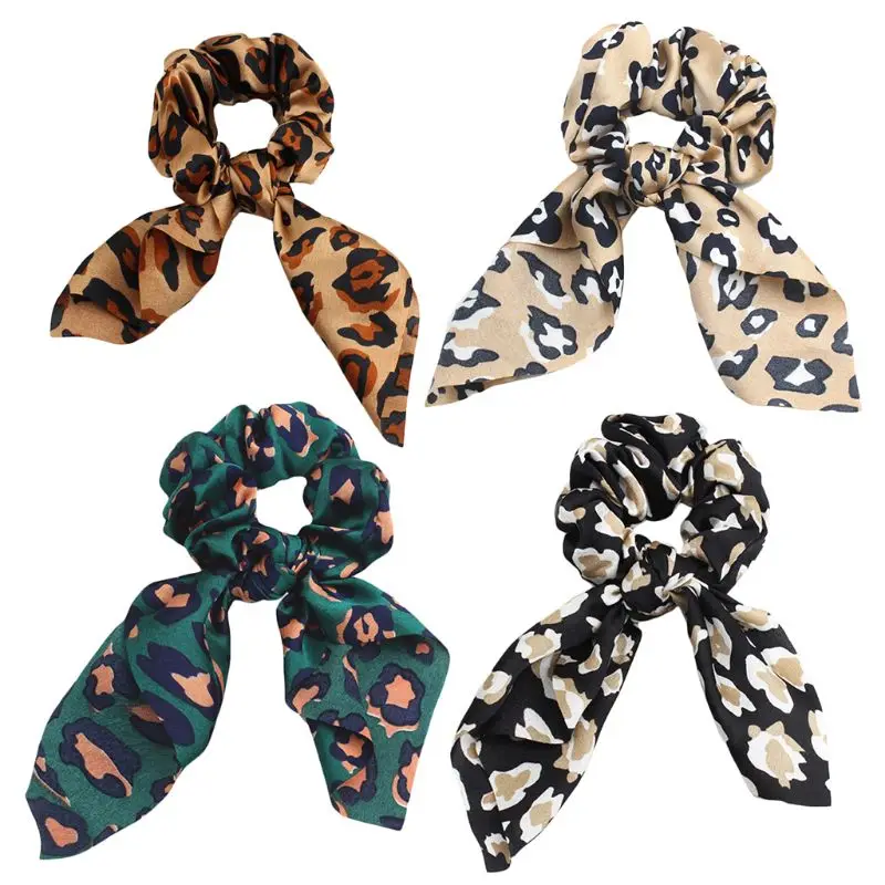 

Women Leopard Scrunchies Hair Tie Bunny Ears Bowknot Ribbon Ponytail Holder Rope