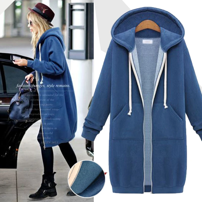 Plus Size 5XL Zip Up Hooded Women Jacket Full Sleeves Pockets Hoodies Autumn Winter Casual Coat Long Solid Outwear Velvet Tops fashion autumn winter women s fleece solid color hoodies female clothing casual loose all match long sleeve pockets sweatshirts