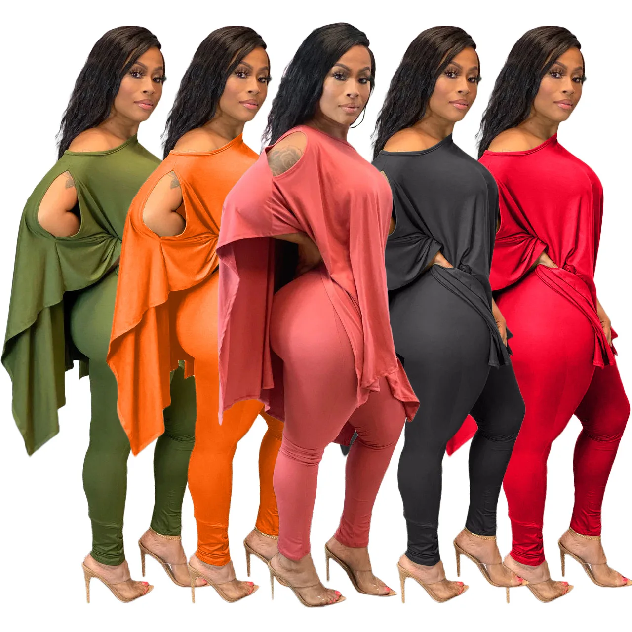 

Solid Color Hollow Out Irregular Slit Long Sleeve Tshirts Tops and Leggings Bodycon Sweatpants Women Two Piece Outfits