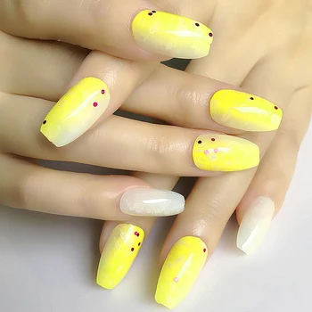 

Yellow 24pcs Pinted Sequins Coffin Fake Nails Medium length Flat head Press On False Nails UV Gel Nail Art Decoration Tips tool