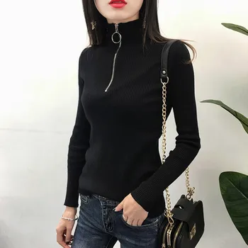 

Ladies Autumn Sweater Elegant Fashion Design Sweaters Zipper Collar Stretch Long Sleeve Women Plain Top Knit Outerwear Wt hc