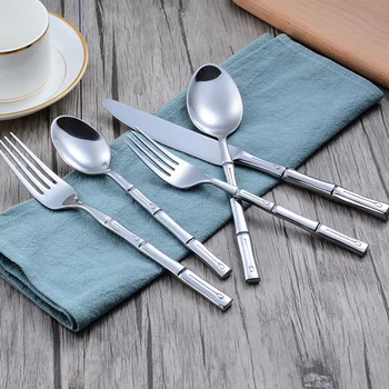 

Luxury Dinnerware Set Plated Silver Knife Forks Tableware Sets Stainless Steel Cutlery Bamboo Section Pattern 5Pcs