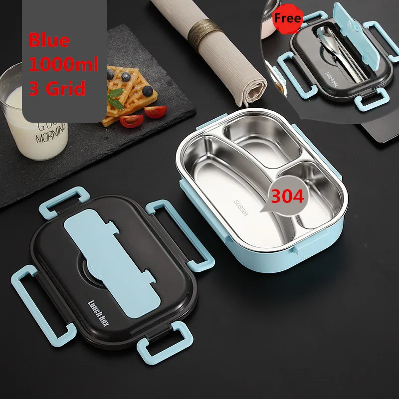 1000ml 3 Grid Blue Японский детский термо-Ланч-бокс из нержавеющей стали 304, Bento с отсеком, посуда, контейнер для микроволновой печи, термос для еды - Цвет: 1000ml 3 Grid Blue