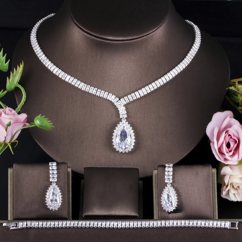 

ThreeGraces 3Pcs Shiny Cubic Zirconia Big Water Drop CZ Necklace Earrings Bracelet Bridal Wedding Jewelry Set for Brides T0930