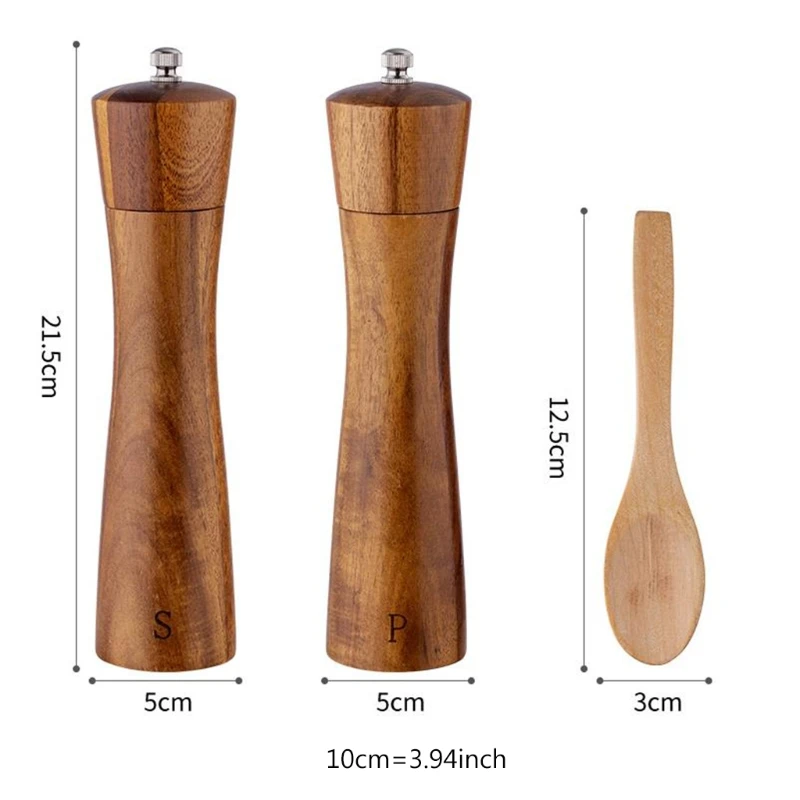 Acacia Wood Salt And Pepper Grinder Set Manual Pepper Grinder Mill with Spoon Salt Shaker for BBQ