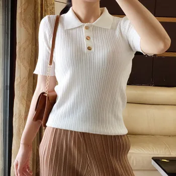 

Women's Wavy Short-sleeved Knitted Sweater Turn-down Collar Solid Color Knitwear Pullover Tops Femal Clothing with Button