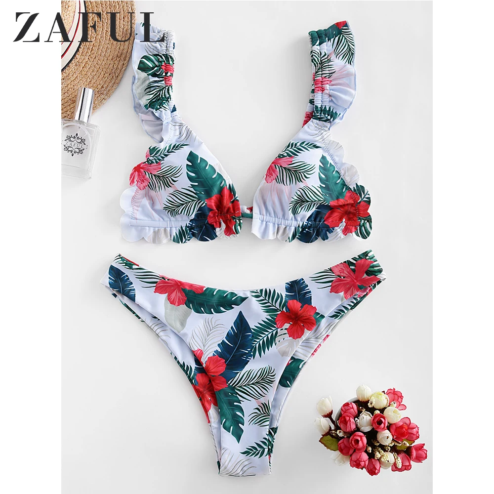 Женский купальный костюм ZAFUL костюм-двойка с тропическими листьями оборками и