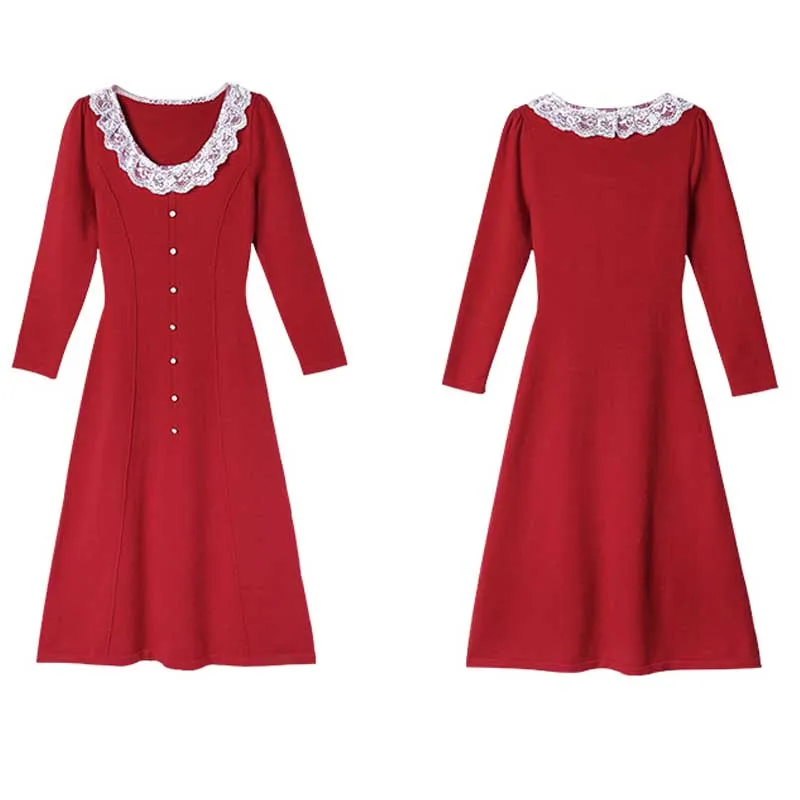 2020 Dress Autumn Winter Long Sleeve For Women Lace Stitching Square Collar Slim Dress Korean French Elegant Party Knitted Dress