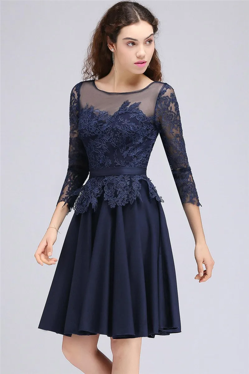 Vestido de Formatura кружевные темно-синие Бальные платья трапециевидные драпированные Короткие вечерние платья 3/4 рукава vestido de festa Curto - Цвет: Navy blue