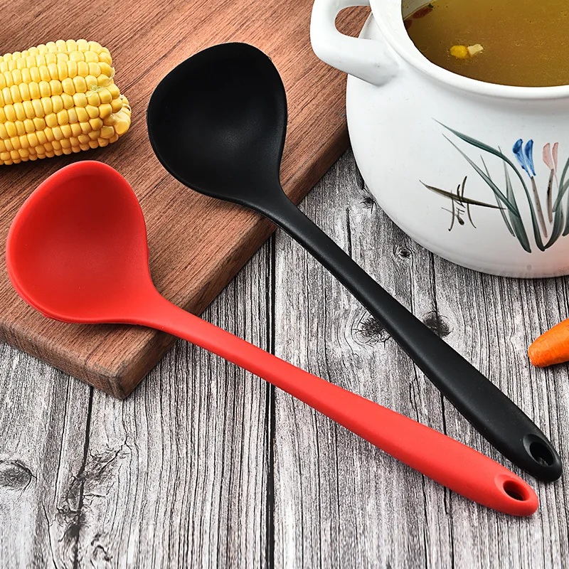 Silicone Ladle Soup Spoon With Long Handle Non-Stick Round Spoons For Soup Cooking Mixing Stirrer Kitchen Dining Tool Tableware