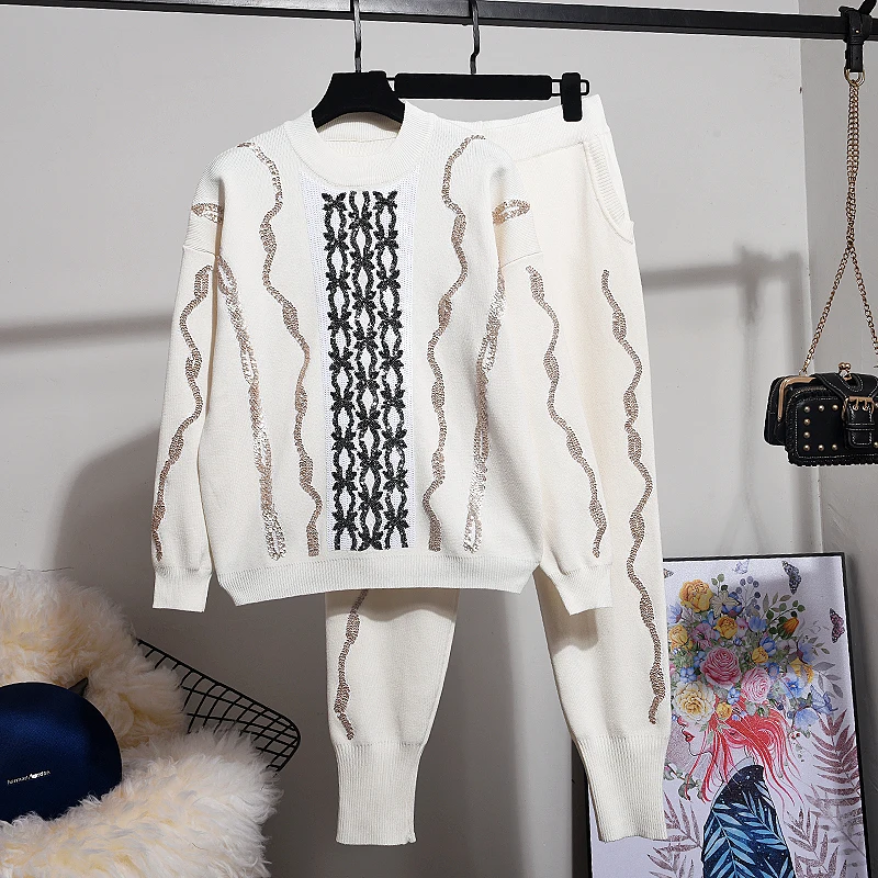 

Sequins Stripe Sports Knitted Tracksuits Women Set Long sleeve Sweater Pencil Pants Two Piece Outfits Female Loose Knitting 2pc
