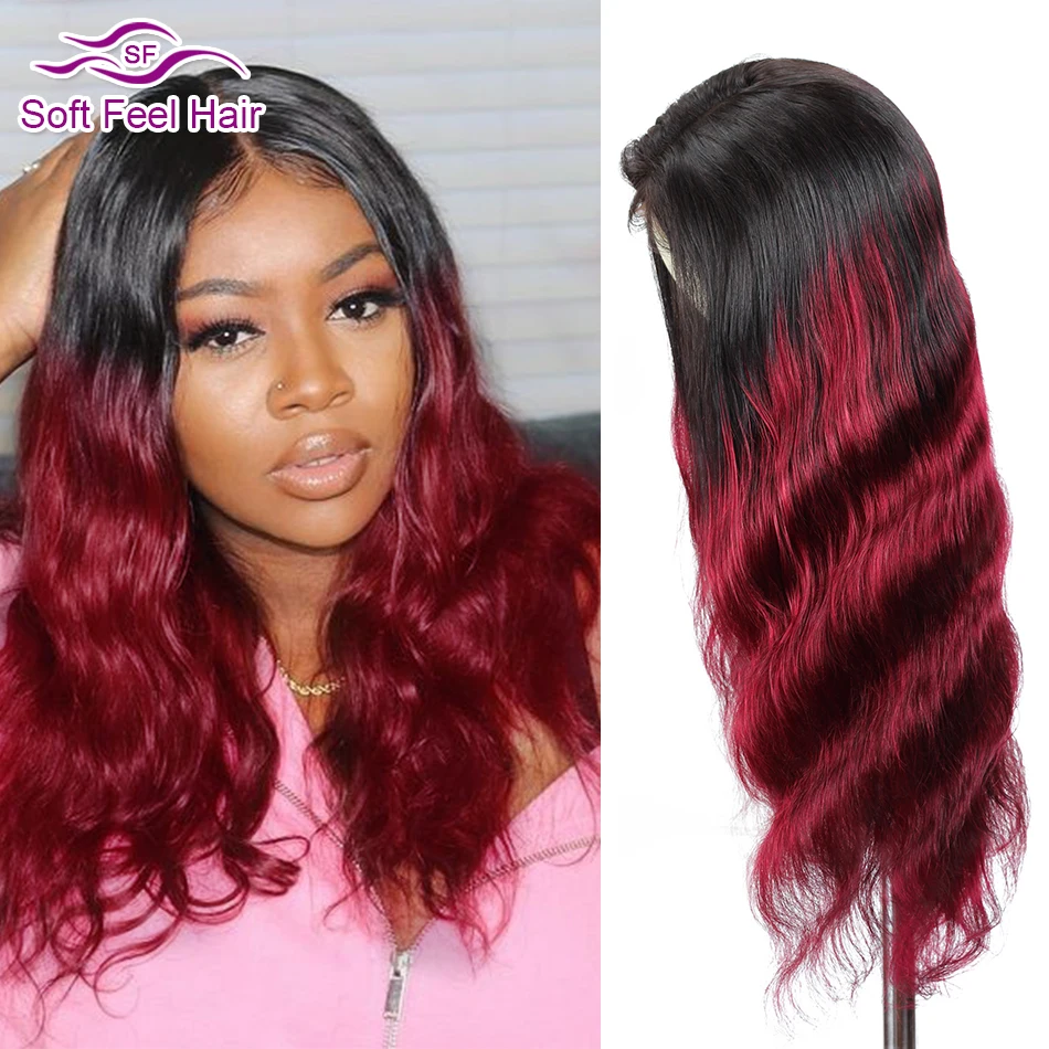 

Middle Part Lace Front Wigs Ombre Burgundy 13x4x1/4x4x1 T Part Lace Wigs Remy Brazilian Body Wave Human Hair Wig Soft Feel Hair