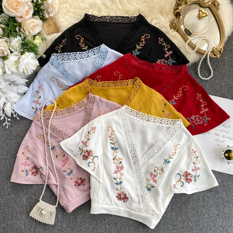 

FMFSSOM Women's Short Sleeve Shirt Embroidered Flowers Cut Out Lace Top V-neck High Waist Chiffon Shirt 2020 New Ladys