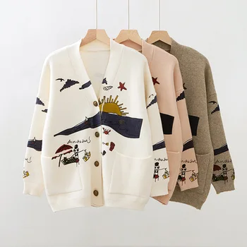 

Knitting Sweater Women's Pockets Cardigan Printted Single Breasted Sweaters Jackets Women 2020 Autumn Winter Knitted Cardigans