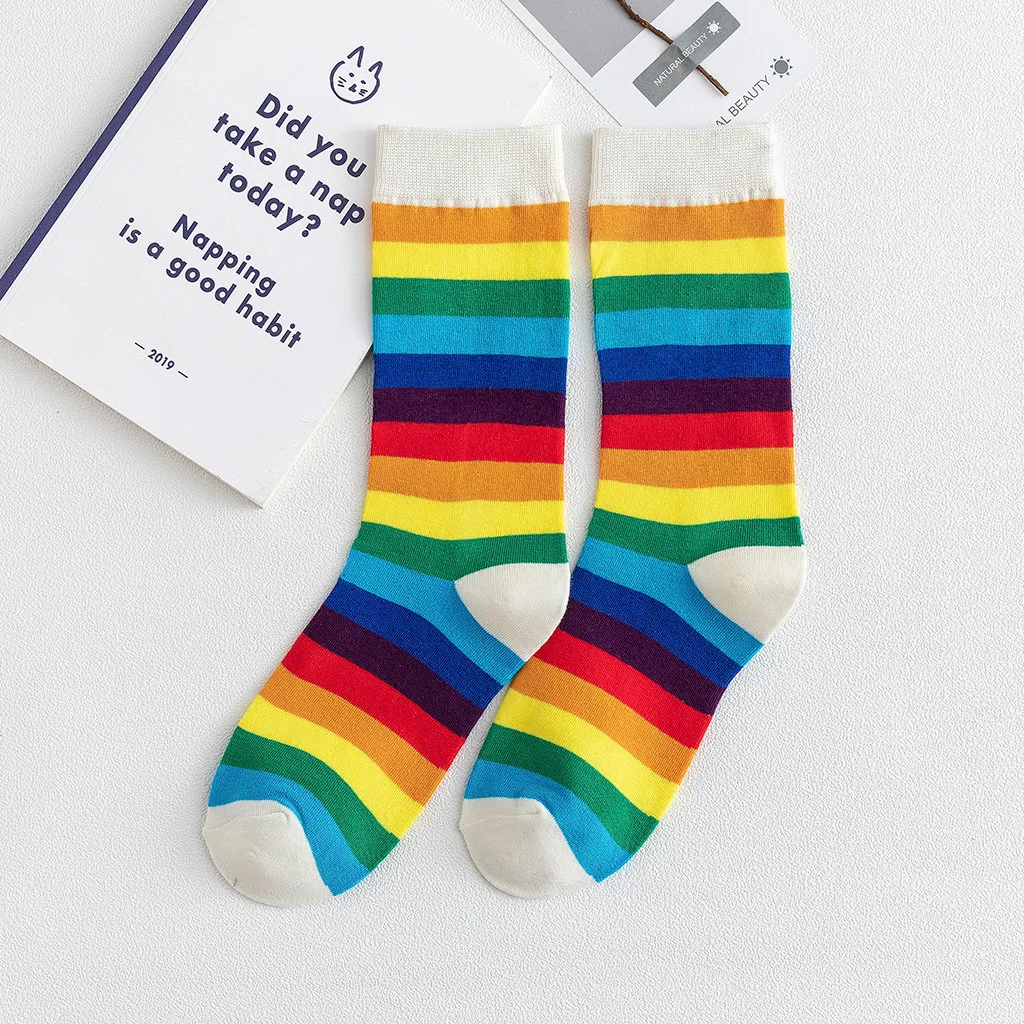 Women's Rainbow Striped Pile Of Socks In The Tube Casual Cotton Socks Girl Fashion Elasticity Candy Color Fashion NEW