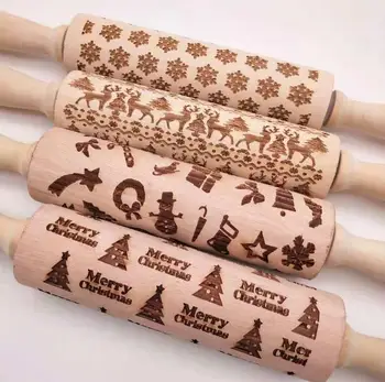 

Christmas Embossed Rolling Pin Engraved Carved Wood Baking Cookies Biscuit Fondant Cake Dough Roller Reindeer Snowflake SN2468