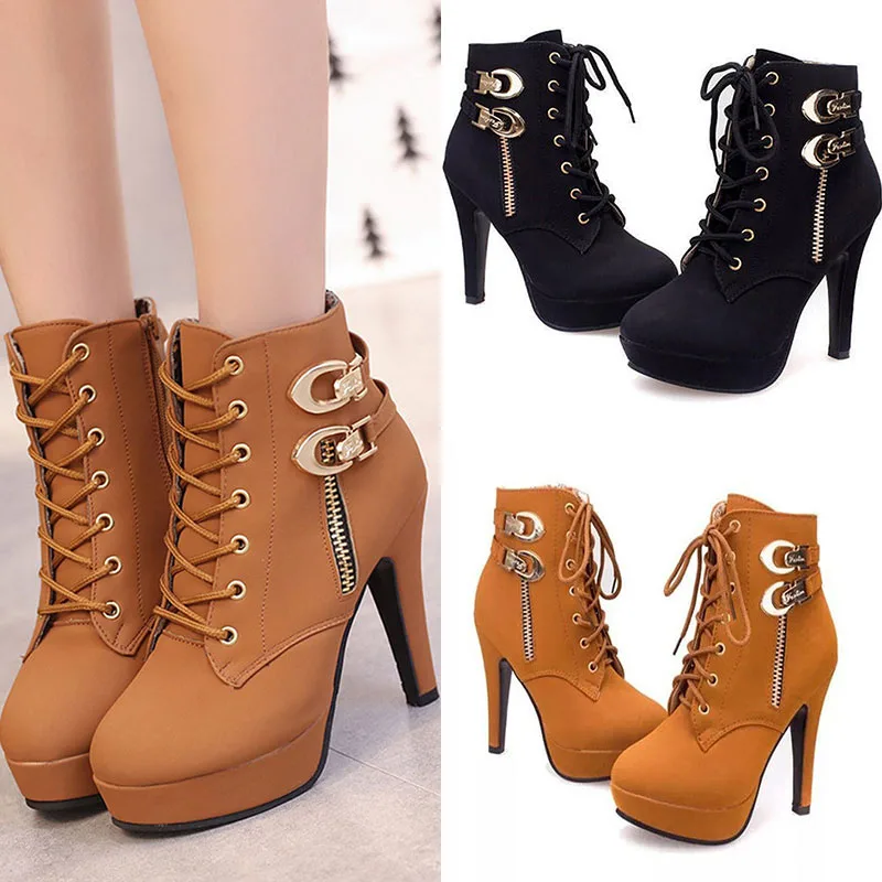 

Martin Boot Winter Lace Up Short Tube Boots Waterproof Platform Fashion Women Booties Slim Heel Ankle Shoes High-Heeled Shoes