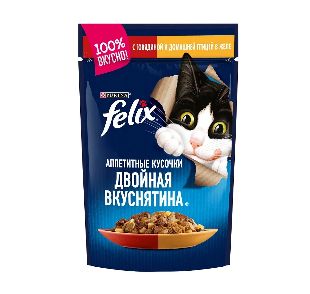 Влажный корм Felix® Аппетитные кусочки. Двойная вкуснятина для взрослых кошек с
