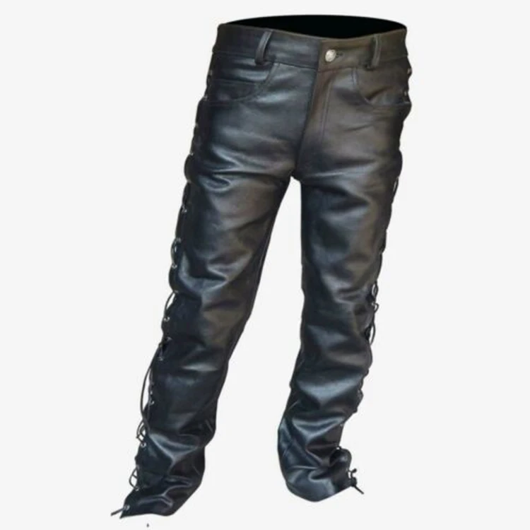 Men Trousers Leather Pants Lace Up Leather Pants Motorcycle Punk Costume For Men Winter Big Tall