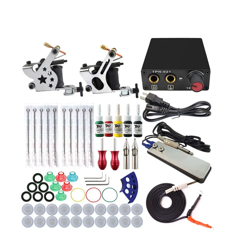 Complete Tattoo Machine Kit Set 2 Coils Guns 5 Colors Black Pigment Sets Power Tattoo Beginner Grips Kits Permanent Makeup
