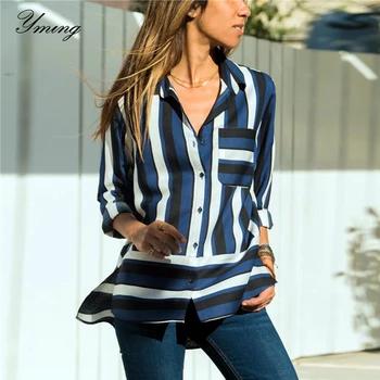 

YMING Boho Chiffon Blouse Women Long Shirts Striped Printed Tops Turn Down Collar Blusas Long Sleeve Tunic Fashion Blouses Woman